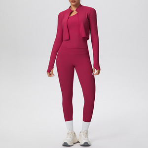 YIYI Ensemble de yoga 3 pièces à séchage rapide pour femme, col montant, manches longues, tenue de yoga asymétrique à une épaule, taille haute, contrôle du ventre, tenue de sport - Product Image 4