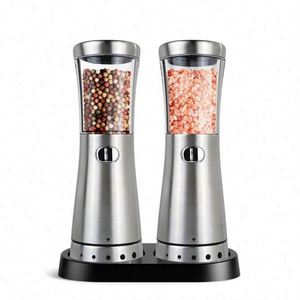 Gravity Adjustable Ceramic Salt and Pepper Grinder Set Plastic <b>Spice</b> <b>Jar</b> Manual Black Pepper Mill with Blue Light and Stand - Product Image 1