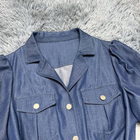 OEM Custom Damen Thin Denim Shirt Midi Kleid mit Taschen Krawatte Taille Tunika Kurzarm Jean Kleid Casual Retro Office Kleid