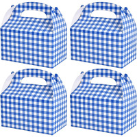 Blau-weiße Gingham-Geschenkboxen, Süßigkeiten-Giebelboxen, Picknick-Papierboxen mit Griffen für Geburtstagsfeiern, Familienessen, Picknicks