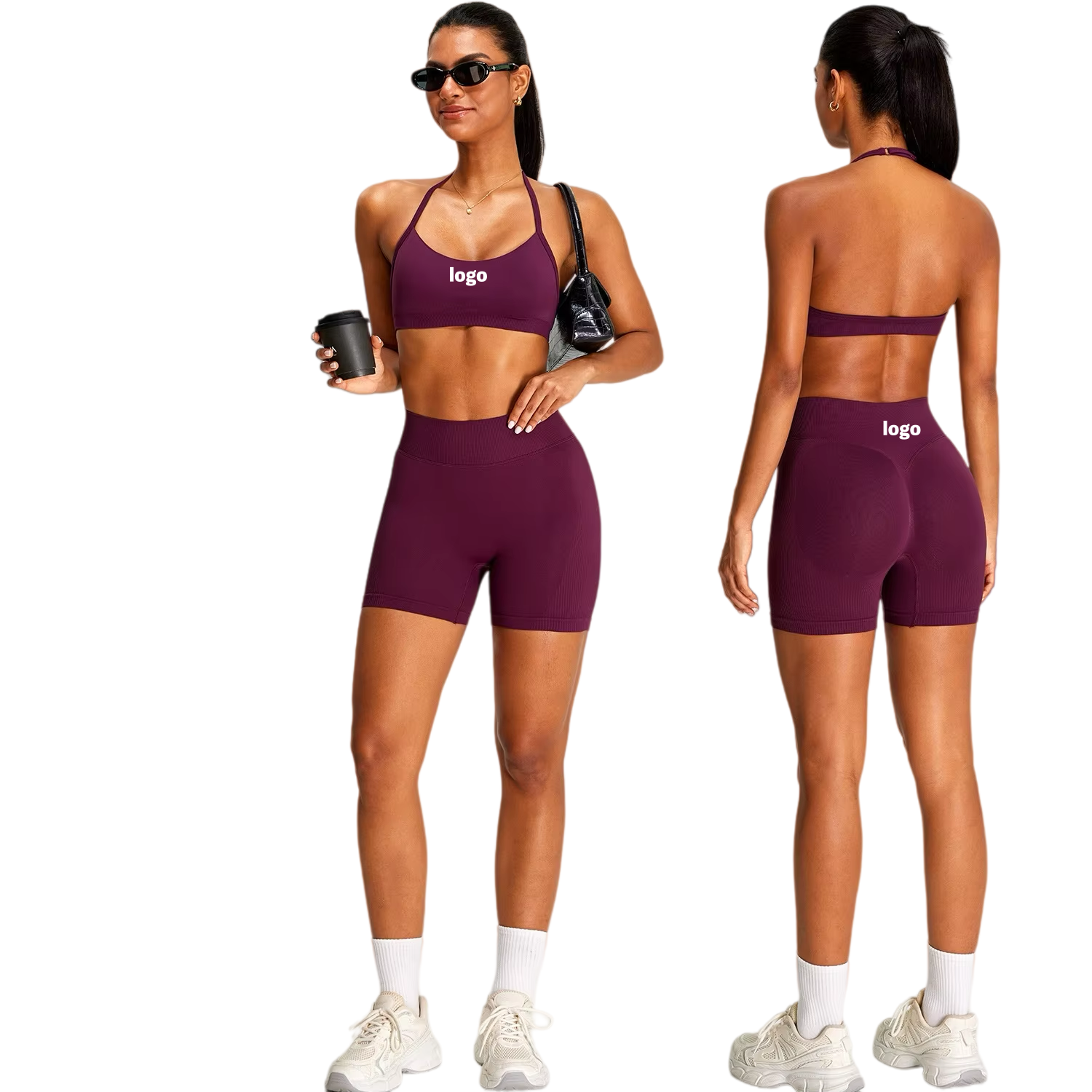 2026 New Seamless Halter Solid Two-piece Sports Suit for Women's Outdoor Casual Running Cycling Fitness Yoga Set