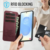 Étui CaseMe rouge vin pour Samsung Galaxy S24 Plus avec emplacements pour cartes bloquant la lecture RFID, étui à rabat de luxe pour Samsung S24 Plus
