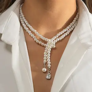 Pearl Drop Diamond Zircon Pendant Clavicle Collar Necklace Long Fringe Pearl Beaded Necklace