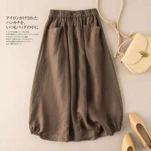 Women's Summer Linen Midi Skirt High Waist A-line Slimming Artistic Style Leisure Wear Military Green Coffee Black Navy Blue - Product Image 2