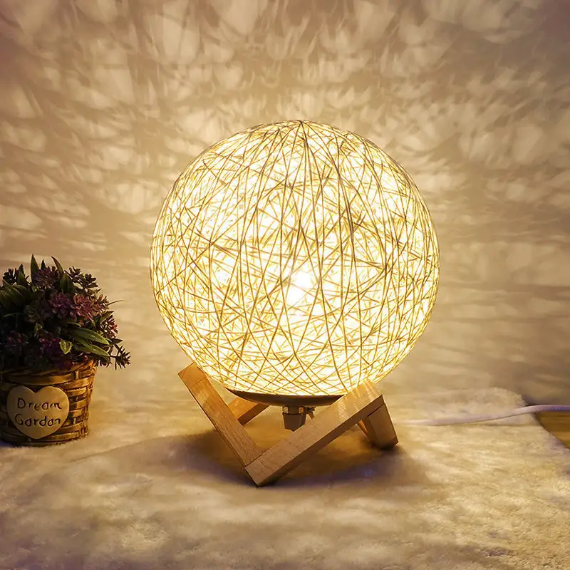 Modern Bedside LED Night Light Ball Rattan Lampshade Table Moon Lamp Empire Wood & Rattan Electric Living Room White 220V 60 90