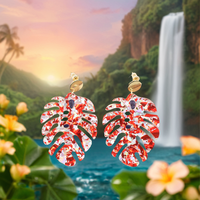 MD157ER2281 50mm Large Monstera Leaf Rectangle et Boucles d'oreilles arrondies en acrylique pour femmes Bijoux tropicaux pour anniversaire