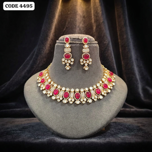 Gold Plated <b>Ruby</b> Red Kundan <b>Necklace</b> Set with CZ Diamond Floral Bridal Jewelry for Women Wedding Party Wear Sparkling CZ Jewelry - Product Image 4