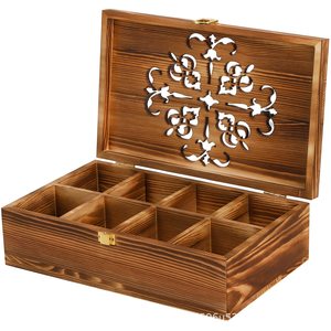 Caja de Almacenamiento de Té de Madera con Múltiples Compartimentos y Cerradura, Organizador de Escritorio, Color Quemado, Forma Rectangular - Product Image 3