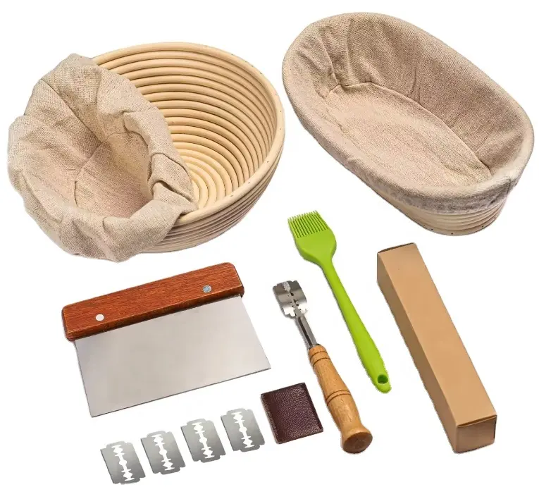 Venta al por mayor de fábrica de 9 pulgadas redondo tejido a mano de mimbre pan prueba cesta conjunto gran oferta herramientas de respaldo y cestas de regalo a granel