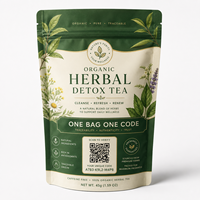 Sachet personnalisé avec code unique pour thé détox aux herbes, pochette refermable avec code QR, emballage botanique traçable