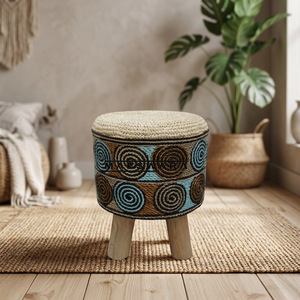 <b>STOOL</b> MOZAIK 3 Luxury Handmade Seagrass and Sisal <b>Woven</b> Round Storage <b>Stool</b> with Solid Wood Legs Boho Ottoman Furniture - Product Image 3