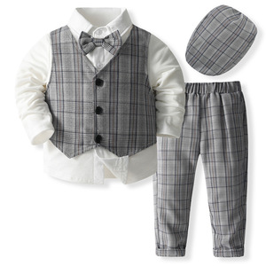 Ensemble 4 pièces style gentleman à carreaux verts pour tout-petit garçon : chemise à manches longues, gilet, pantalon <span class=keywords><strong>et</strong></span> chapeau – Idéal printemps, automne, anniversaire, mariage - Product Image 3
