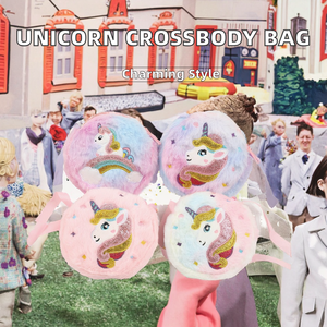 Excellente conception 	 Sac à bandoulière en peluche licorne mignon, sac à bandoulière pour petite fille, dessin animé, fermeture éclair, réutilisable - Product Image 2