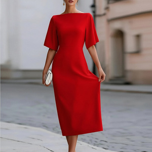 Elegante <span class=keywords><strong>Abito</strong></span> Midi con <span class=keywords><strong>Scollo</strong></span> <span class=keywords><strong>a</strong></span> Barchetta e Maniche <span class=keywords><strong>a</strong></span> Pipistrello in Raso Tinta Unita, Vestito Aderente per Occasioni Formali, Matrimoni, Serate e Feste - Product Image 2