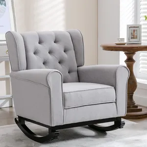 XIHAO Diamond Tufted Pattern Back Dove Grey Ecru Wooden Nursery Chair Modern Rocking Chair