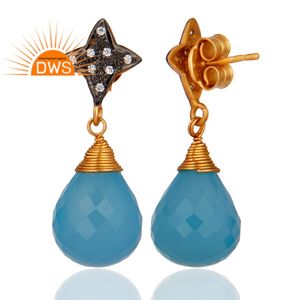 Trendy Style Yellow Gold Plated 925 Silver Earrings Supplier Jewelry CZ Blue Chalcedony Gemstone Drop Earrings - Product Image 2