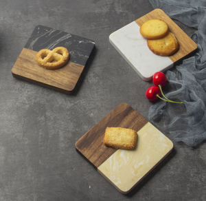 Marble & Wood Coaster Set, Round & <b>Square</b> Acacia Wood with Black/White Marble Drink Coasters for <b>Table</b> Protection - Product Image 2