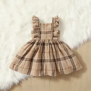 Customizable Version Baby Girl Chic Beige Check Flouncy Trim Dress Little Girl Fall Outfit