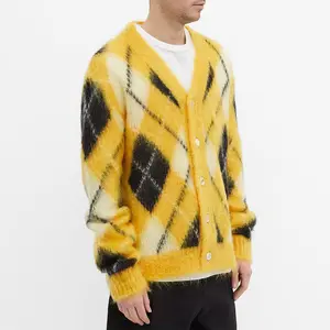 FYB custom argyle stripe fuzzy mohair sweater men knitting cardigan button mohair cardigan men