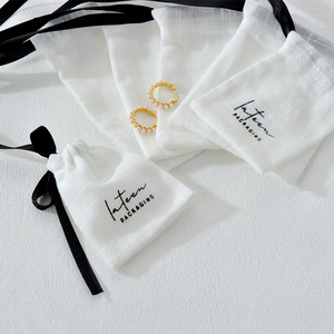 Prix le plus bas : Sachet à cordon personnalisé en coton et lin avec ruban, pochette pour bijoux et cadeaux - Product Image 5