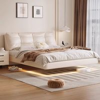 Lit flottant moderne et minimaliste, lit double pour chambre principale, haut de gamme, élégant, style crème français, tendance sur les réseaux sociaux, lit de luxe léger