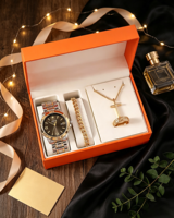 Ensemble de bijoux pour homme personnalisé, montre de luxe, bracelet à maillons cubains, collier avec croix, bague, 4 pièces, coffret cadeau d'affaires, pour lui, Noël