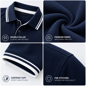 <b>Navy</b> Blue Double Collar <b>Polo</b> T <b>Shirt</b> Custom Logo Short Sleeve Contrast Trim Breathable Premium Casual Team Uniform Apparel - Product Image 2