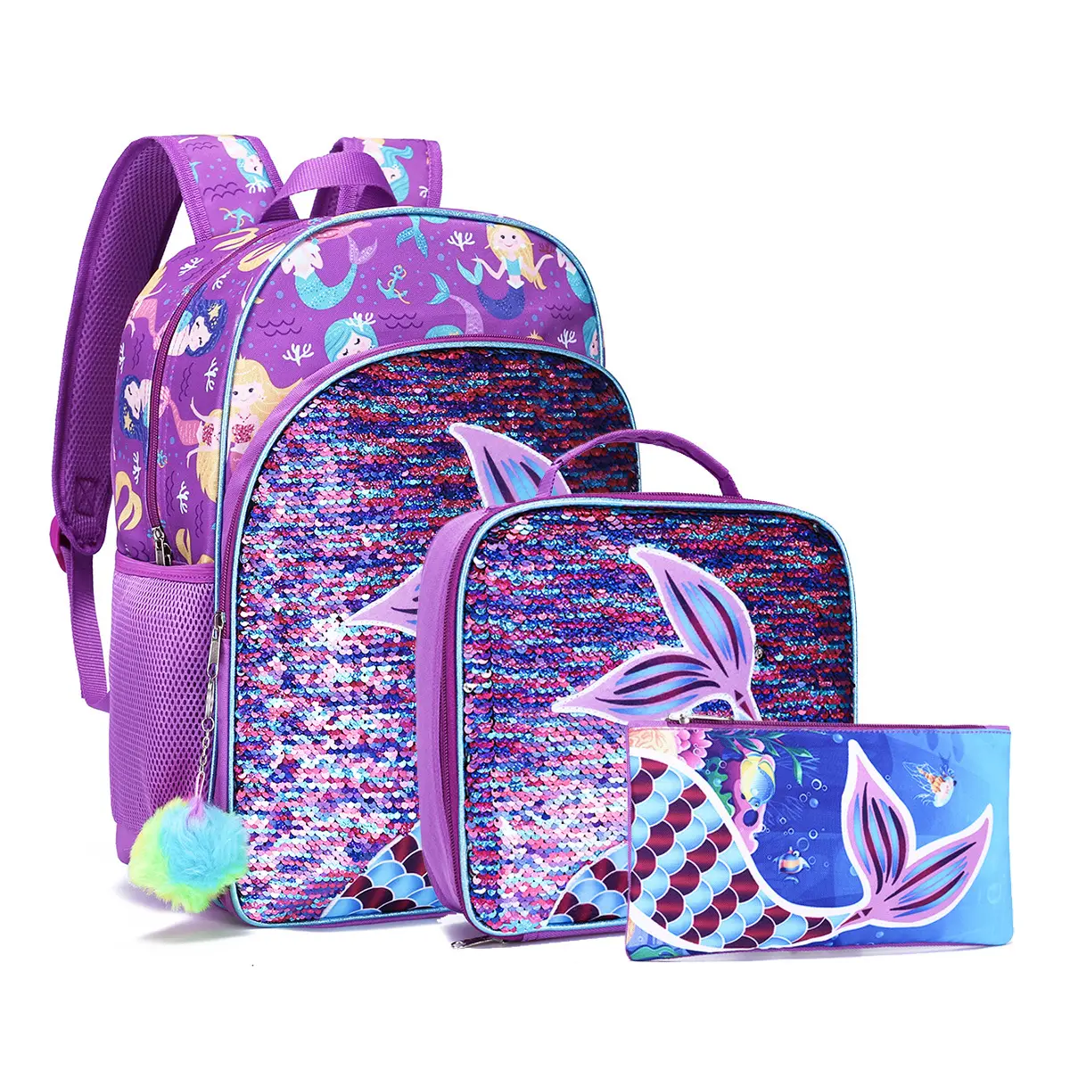 girls purple mermaid school backpack oem printed sequin 3 set school bag kids backpack with lunch bag pencil bag