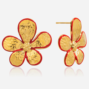 Flower Stud <b>Earrings</b> 18K Gold Plated <b>Red</b> Enamel Stainless Steel Post Gift Jewelry - Product Image 1