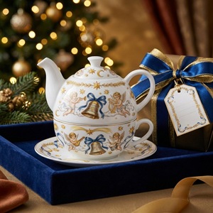 Single Serve <b>Tea</b> Set, Nordic Christmas Holiday Motif, Teapot Cup and Saucer with <b>Infuser</b>, Gift Boxed - Product Image 3