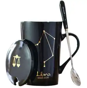 Tasse en céramique noire New Bone China 12 Constellation avec logo personnalisé avec cuillère et couvercle
