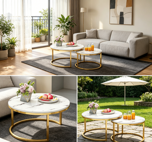 Juego de Mesa de Centro Moderno de <span class=keywords><strong>2</strong></span> Piezas, Mesa de Centro Redonda Encajada con Marco de Metal <span class=keywords><strong>y</strong></span> Tapa de Mármol, Muebles para Sala de Estar - Product Image 4
