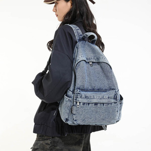 Retro Washed Denim <b>Backpack</b> <b>Large</b> Capacity Vintage Style For Women School College Casual Daypack - Product Image 3