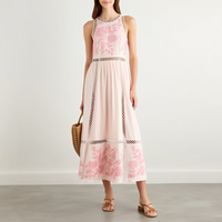 Gaun Midi Elegan Warna Pink dengan Renda, Potongan Pinggang, Bordir Bunga, Model A-Line untuk Wanita, Cocok untuk Pesta Koktail, Pernikahan, dan Acara Lainnya