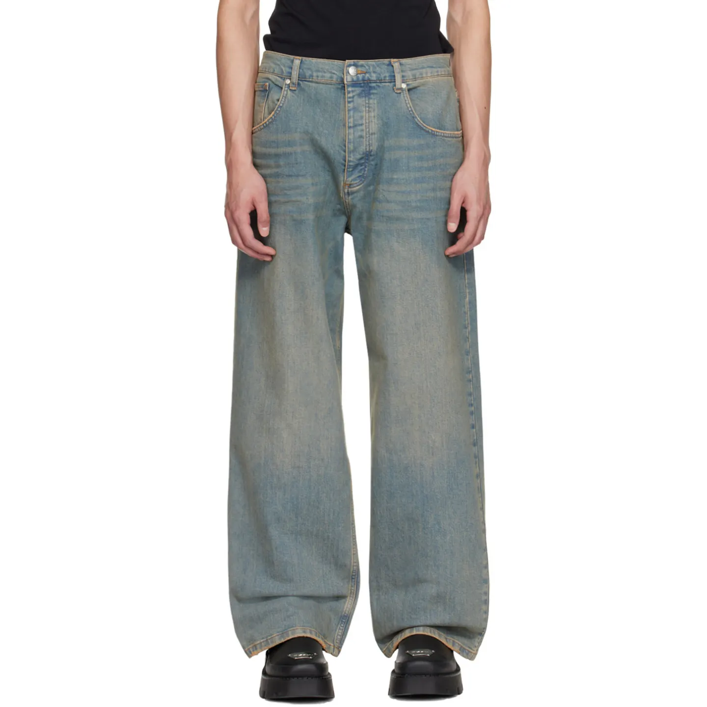 Jeans da uomo in Denim blu larghi lavati larghi e consumati stile Streetwear personalizzato Vintage