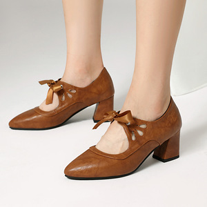 Sandales à talons en cuir véritable noir à bout pointu avec nœud décoratif, talon moyen, talon bloc, chaussures élégantes pour femmes, livraison directe - Product Image 3