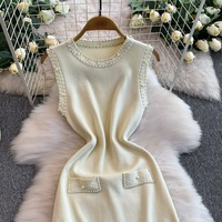 Robe longue tricotée sans manches pour femme, 3 couleurs, coupe ajustée, taille unique