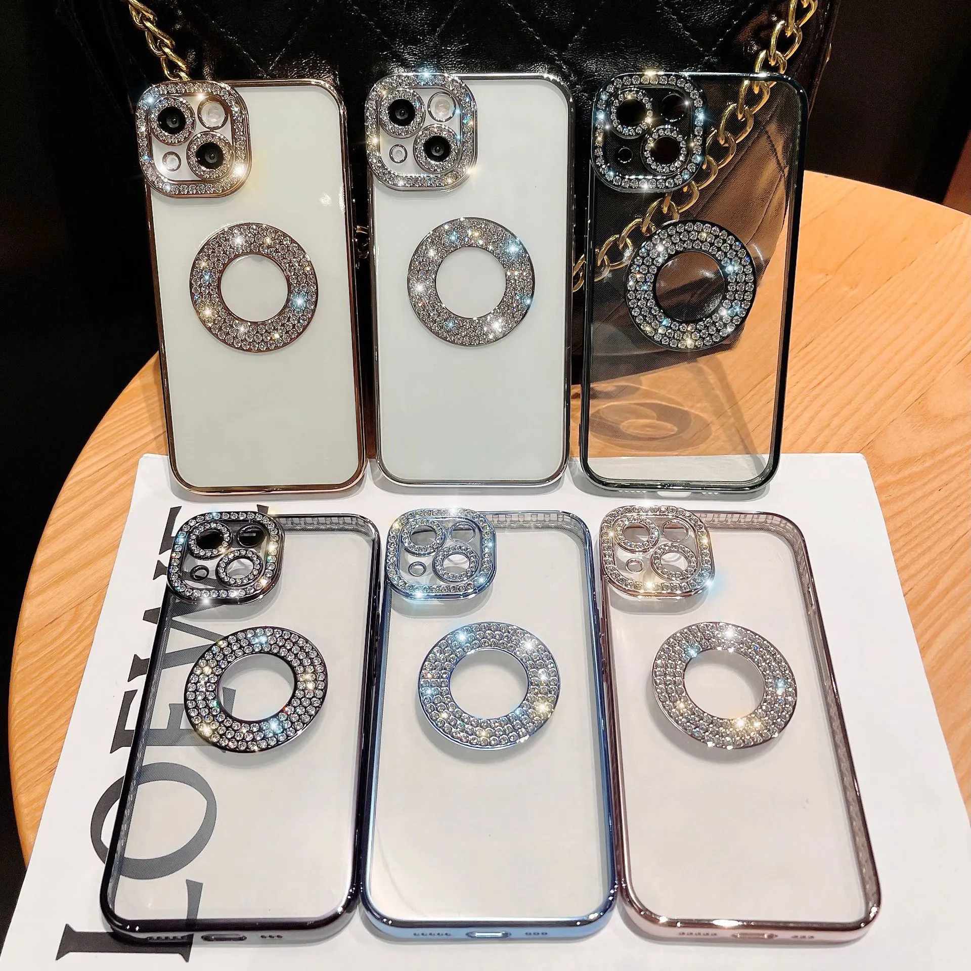 Luxury Transparent Plating Logo Hole Bling Glitter Diamond Rhinestone Phone Case For iPhone 14 13 12 11 Pro Max