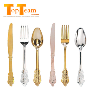 Vàng Nhựa Silverware Khắc Dao Kéo Thiết Lập Dập Nổi Bạc Thiết Kế Cổ Điển Dùng Một Lần Rose Gold Dao Kéo Thanh Lịch