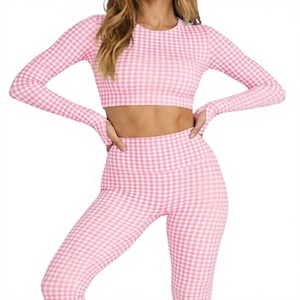 Wholesale High Waist Gingham Yoga <b>Set</b> Women 2 Piece Long Sleeve Crop Top and Leggings <b>Gym</b> Fitness Activewear Workout Suit - Product Image 1
