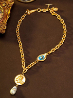 Collier fantaisie œil surréaliste en émail, perle baroque, alliage doré, pour femme