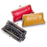 Tas Clutch Multi-Fungsi Kulit Asli Retro Wanita Dompet Panjang Gaya Eropa Amerika Sederhana dengan Penutup Kancing Organizer