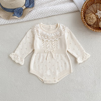Barboteuse Vintage Tricotée pour Bébé Fille 100% Coton avec Col en Dentelle Broderie Anglaise et Poignets Évasés, Combinaison pour Nouveau-né 66-90, Vêtements de Boutique Automne