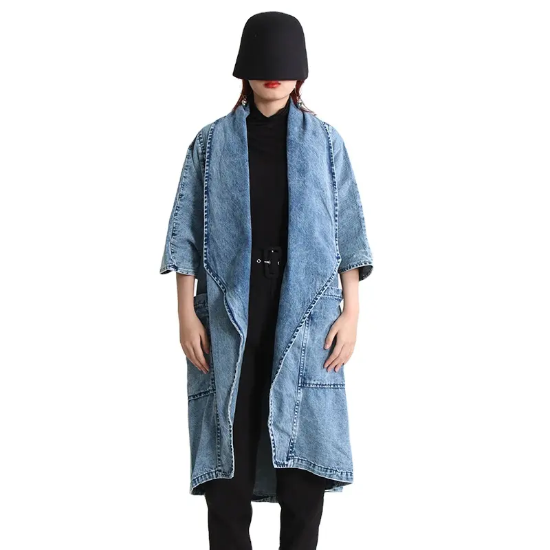 TWOTWINSTYLE Cổ Điển Denim Phụ Nữ Áo Gió Ve Áo Cổ Áo Nửa Tay Áo Cao Eo Trench Coats Nữ