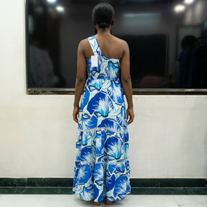 Robe longue bleue à fleurs style bohème coupe trapèze en crêpe respirant pour l'été, idéale pour les fêtes, avec ourlet évasé, sans manches et taille haute - Product Image 3