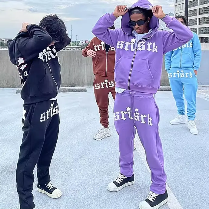 High Quality Unisex Stacked Sweat Pants Sweatsuit Cotton Hoodie and Jogger Sets Men Sweatpants and Hoodies Set Print Customized