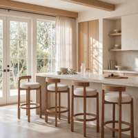 Tabouret de bar moderne rembourré en bois avec dossier incurvé, structure en bois massif pour îlot de cuisine