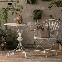 Ensemble bistrot vintage en fer forgé blanc vieilli, table ronde et fauteuils de style français, pour jardin, balcon ou extérieur