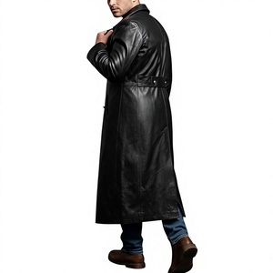 Manteau long en cuir véritable pour homme, double boutonnage, col à revers, avec poches, coupe classique - Product Image 2
