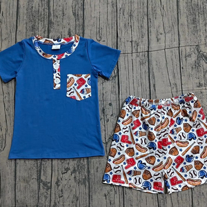 BSSO1922 rts Boutique Conjunto de ropa con estampado de béisbol azul para bebé, conjunto de verano al por mayor, conjunto de manga corta - Product Image 5